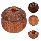 Round brown wicker basket with lid