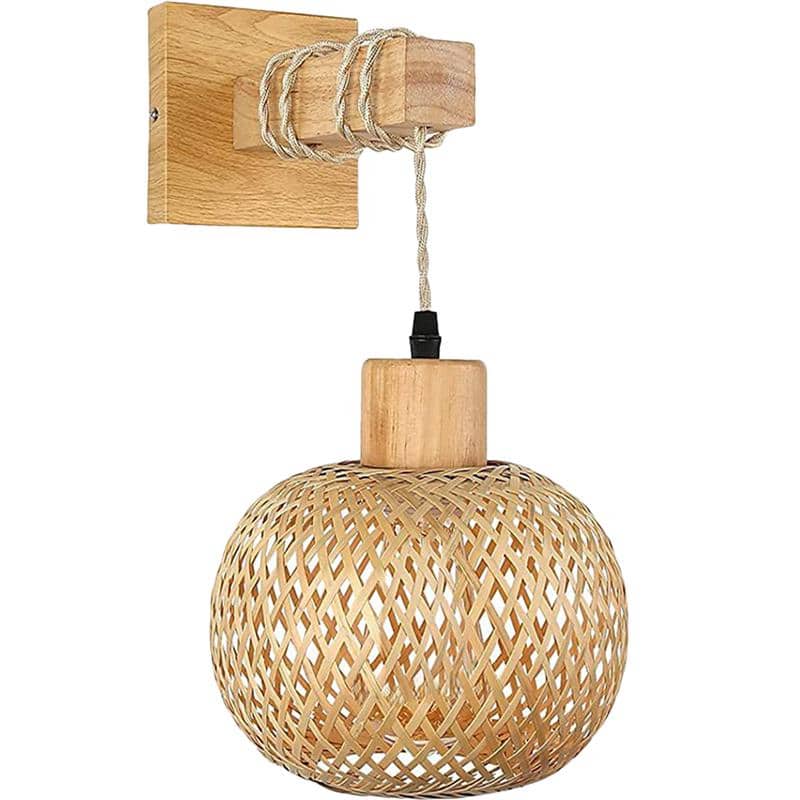 Retro wall sconce with a hand woven rattan shade on a wooden arm