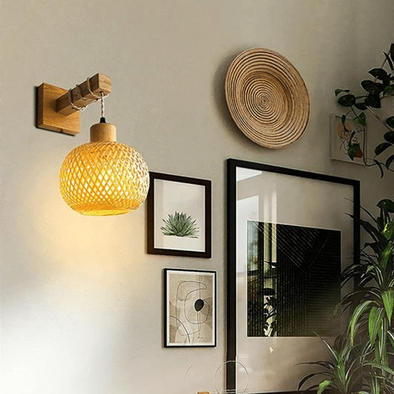 Retro wall sconce with a hand woven rattan shade on a wooden arm