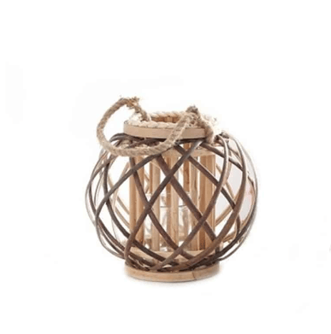 Square retro hand woven rattan lantern with a spiral woven rope