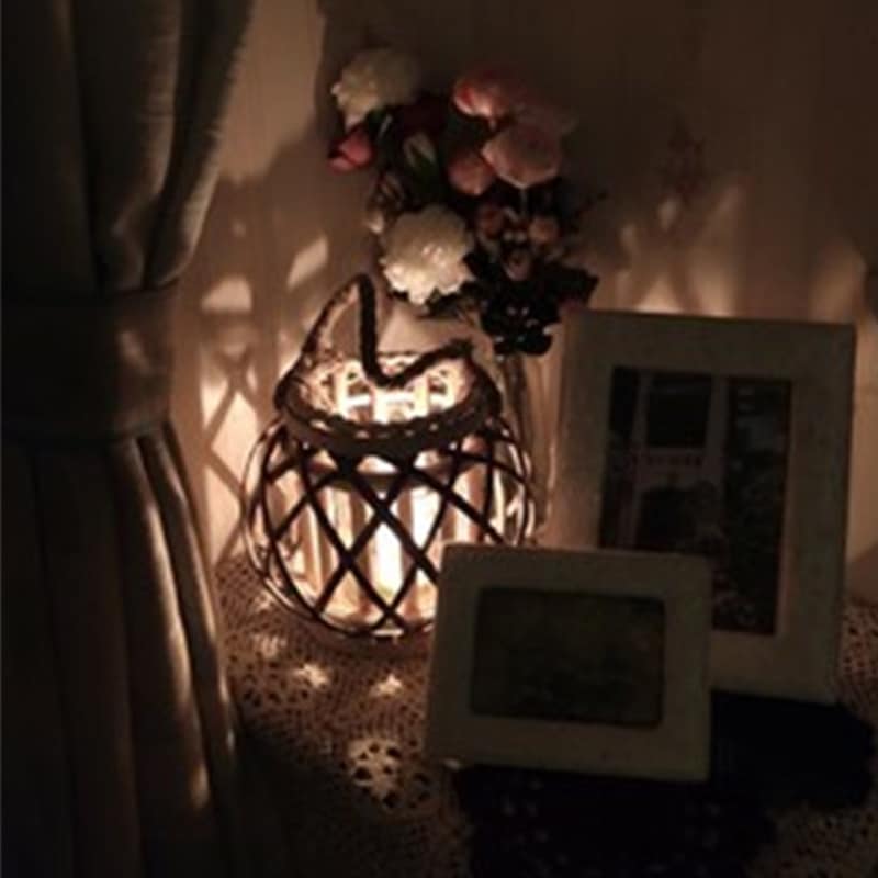 Square retro hand woven rattan lantern with a spiral woven rope