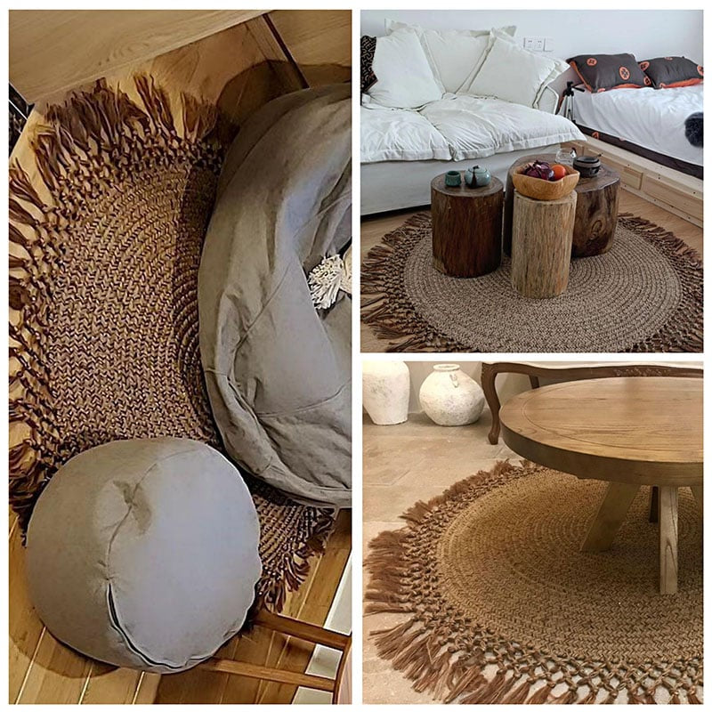 Round jute rug with a looped openwork fringe
