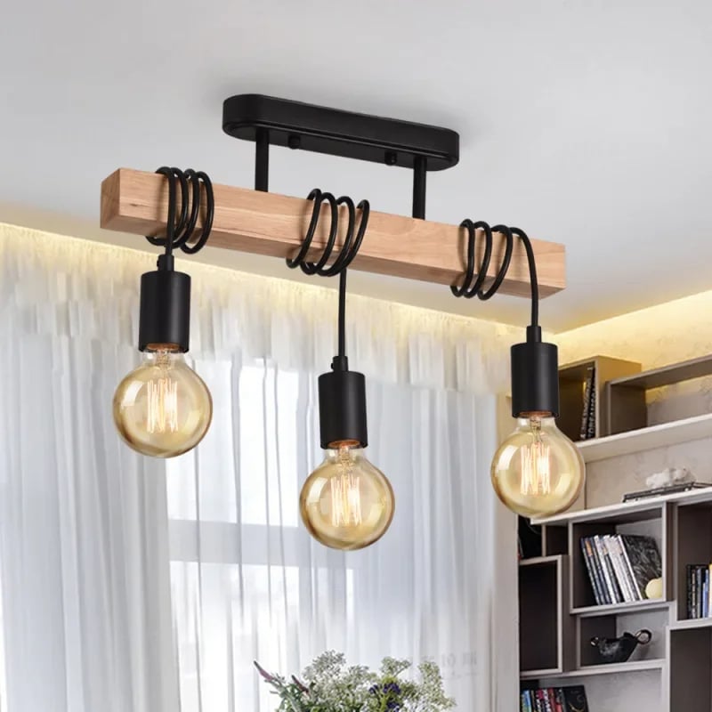 Retro three light chandelier with a metal frame and turned wood sockets