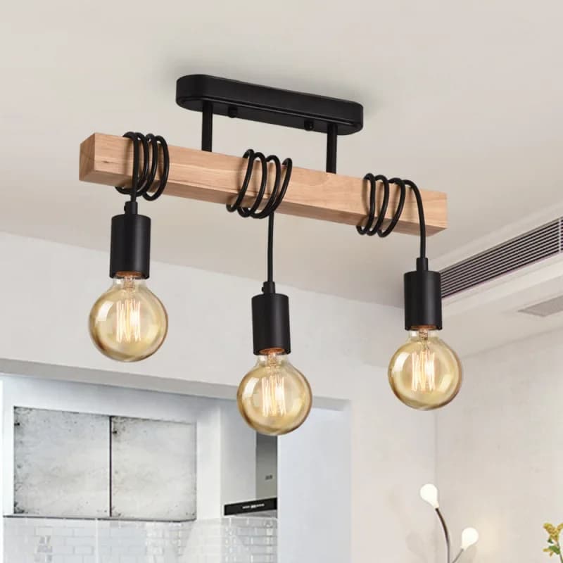 Retro three light chandelier with a metal frame and turned wood sockets