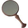 Round dark wooden hand mirror with curved handle