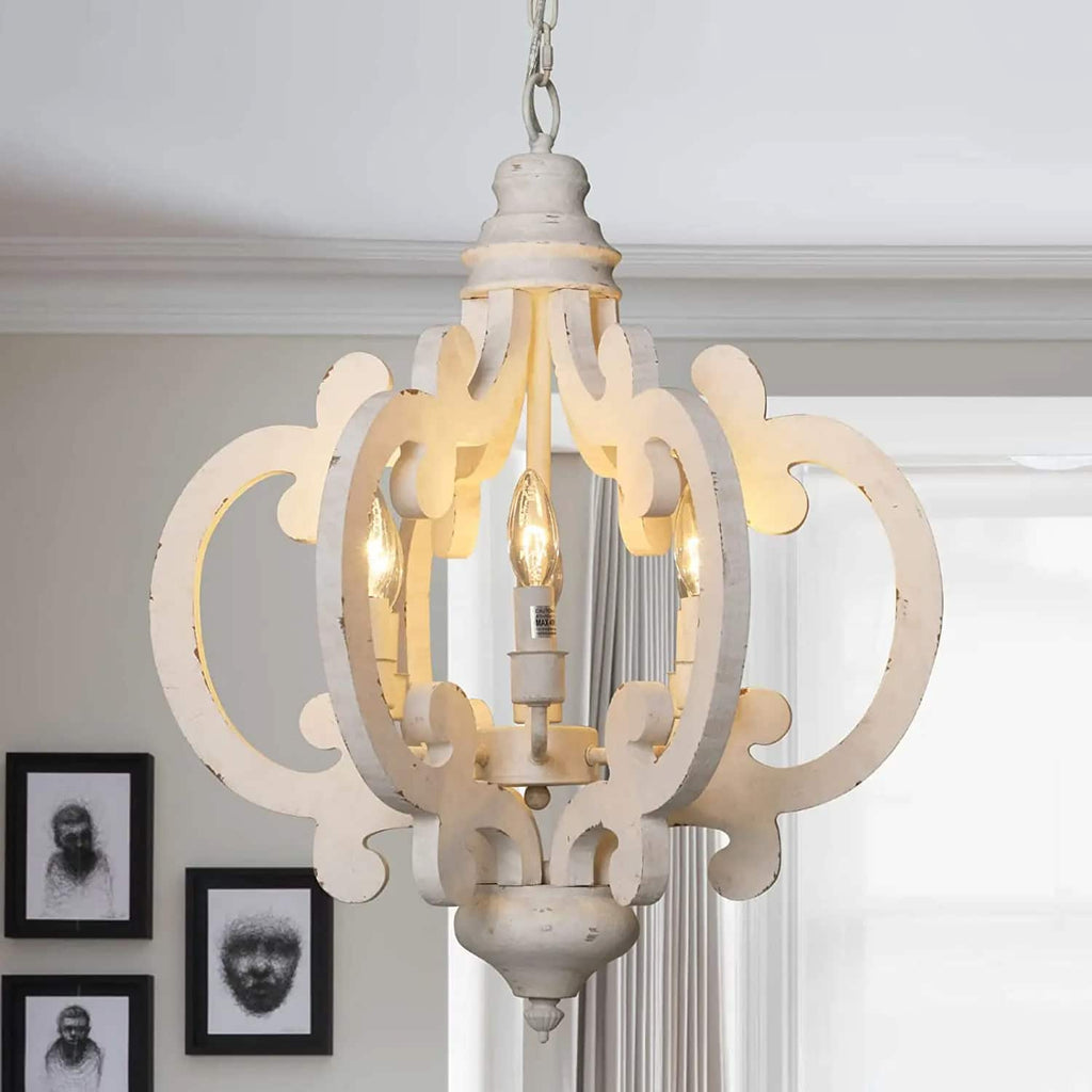 Retro chandelier with a light wood frame and iron hardware for E14 bulbs