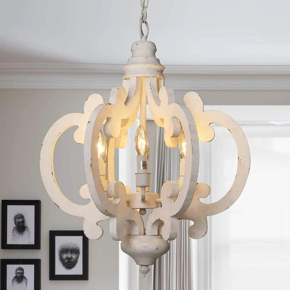Retro chandelier with a light wood frame and iron hardware for E14 bulbs