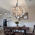 Retro chandelier with a light wood frame and iron hardware for E14 bulbs