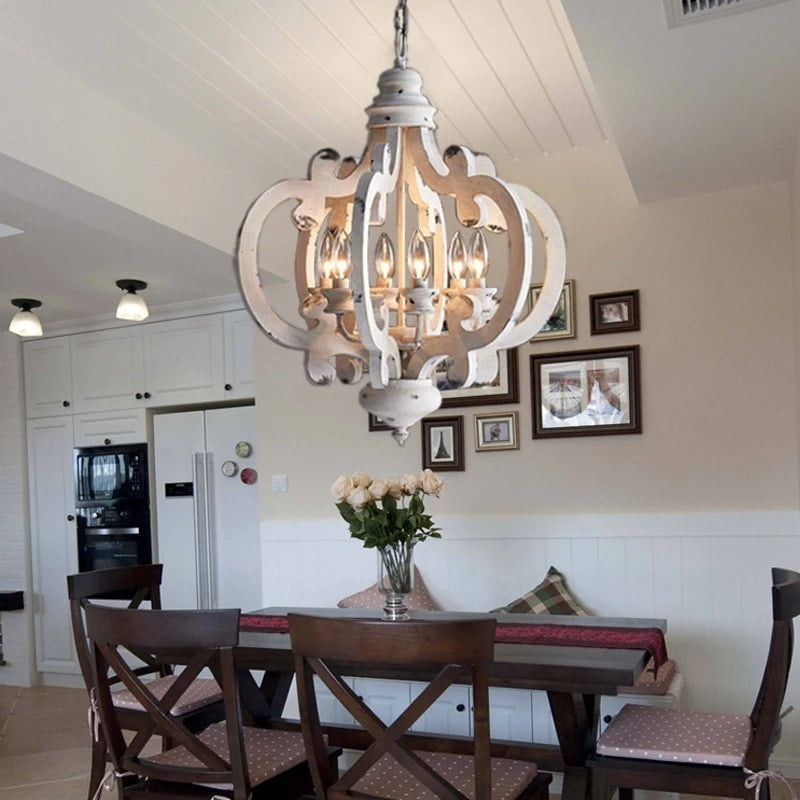 Retro chandelier with a light wood frame and iron hardware for E14 bulbs