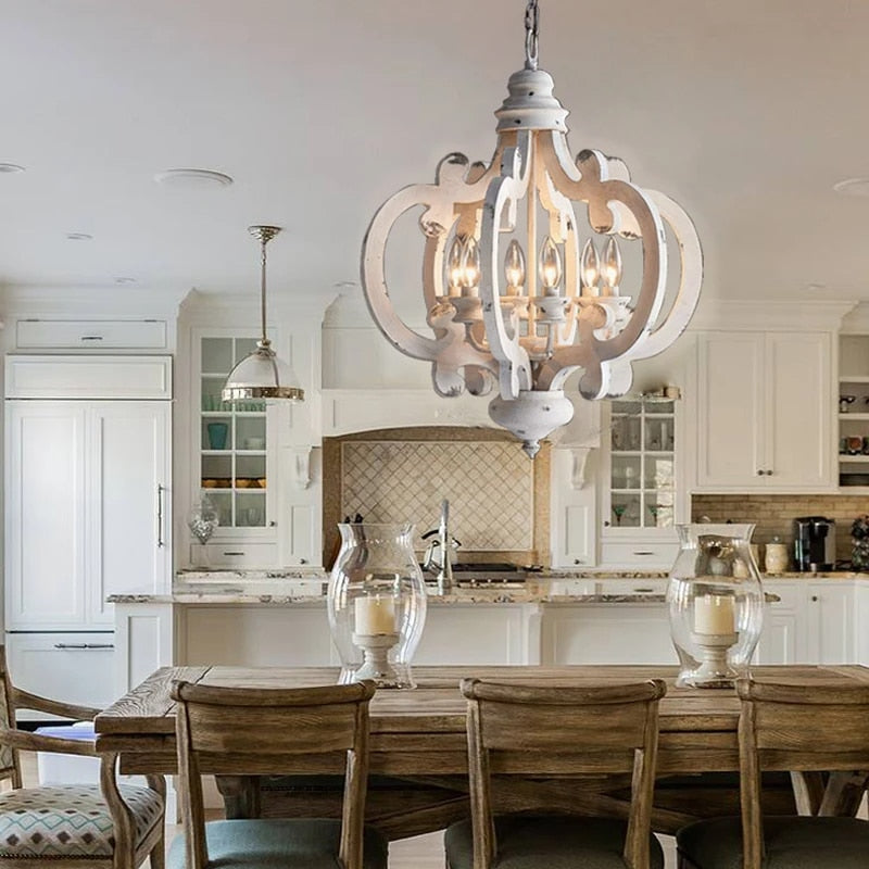 Retro chandelier with a light wood frame and iron hardware for E14 bulbs