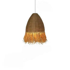 Round retro pendant light hand woven in beige and brown rattan