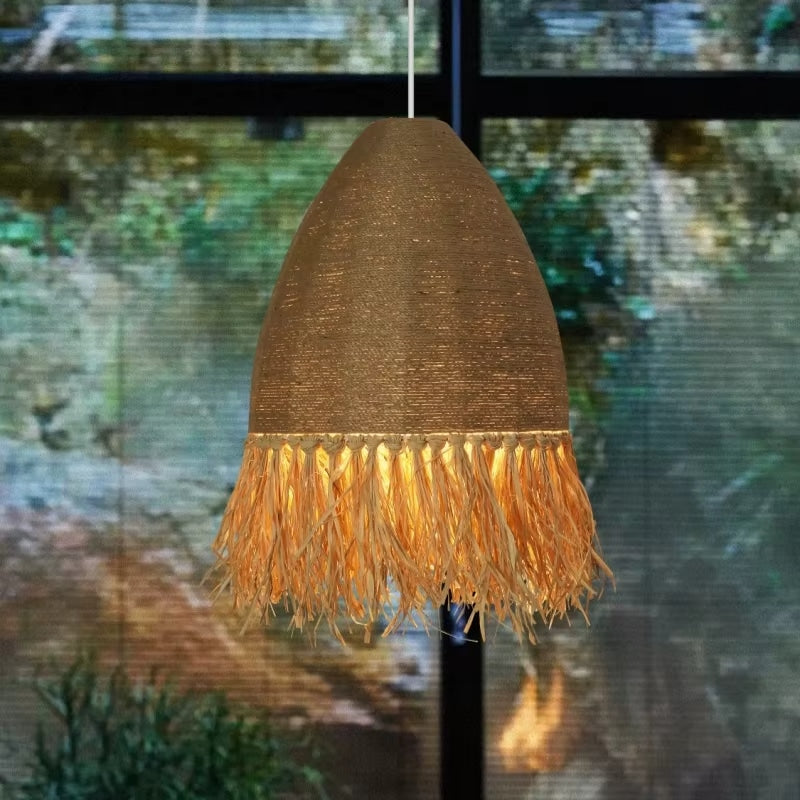 Round retro pendant light hand woven in beige and brown rattan