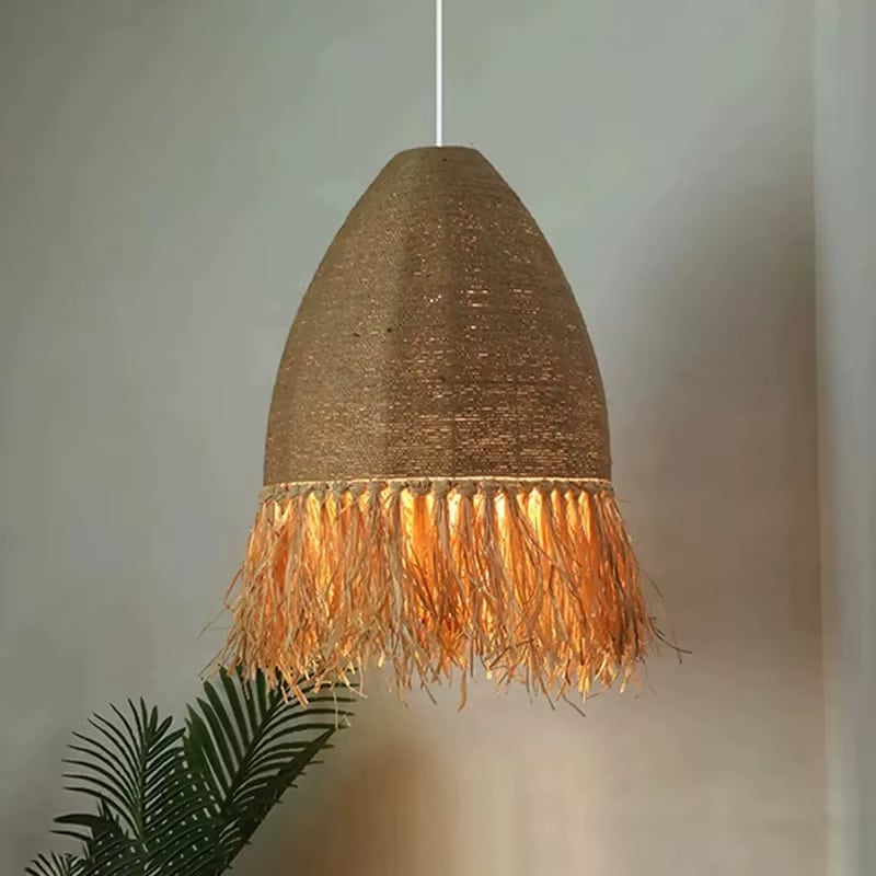 Round retro pendant light hand woven in beige and brown rattan