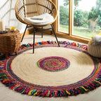 Round jute rug with a multicolor braided center and fabric fringe
