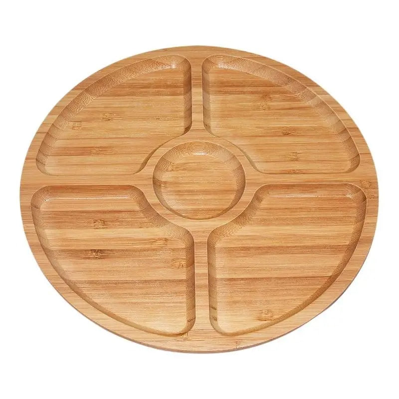 Round bamboo serving plate with five sections around a center well