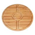 Round bamboo serving plate with five sections around a center well