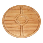 Round bamboo serving plate with five sections around a center well
