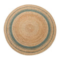 Round braided natural rug with a teal ring and thin dark stripes