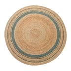 Round braided natural rug with a teal ring and thin dark stripes