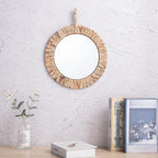 Round mirror with thick braided natural frame and rope hanger