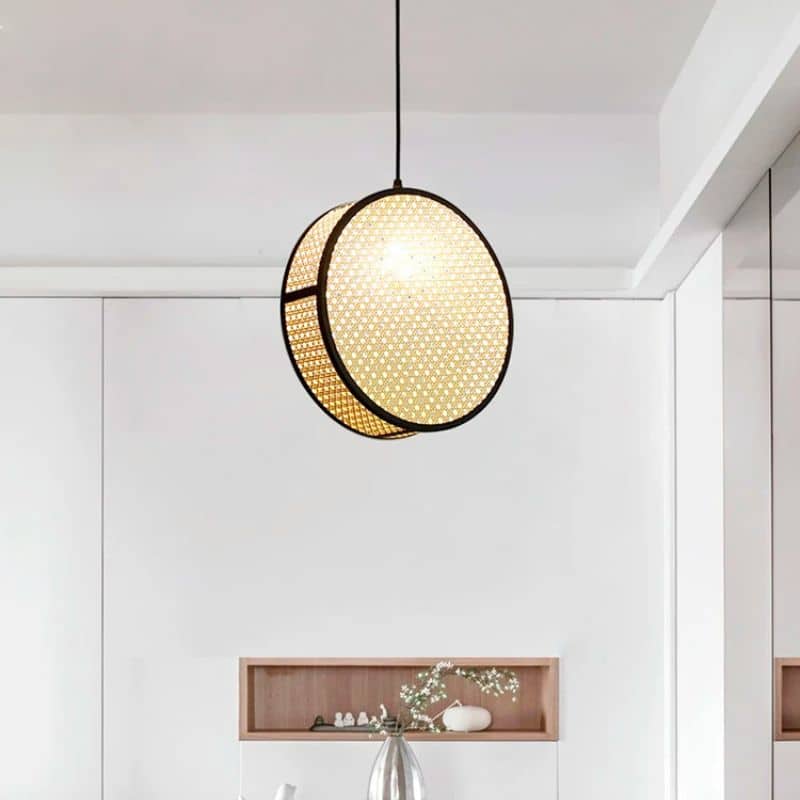 Round cane webbing disc pendant light with black frame