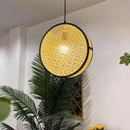 Round cane webbing disc pendant light with black frame