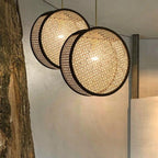 Round cane webbing disc pendant light with black frame