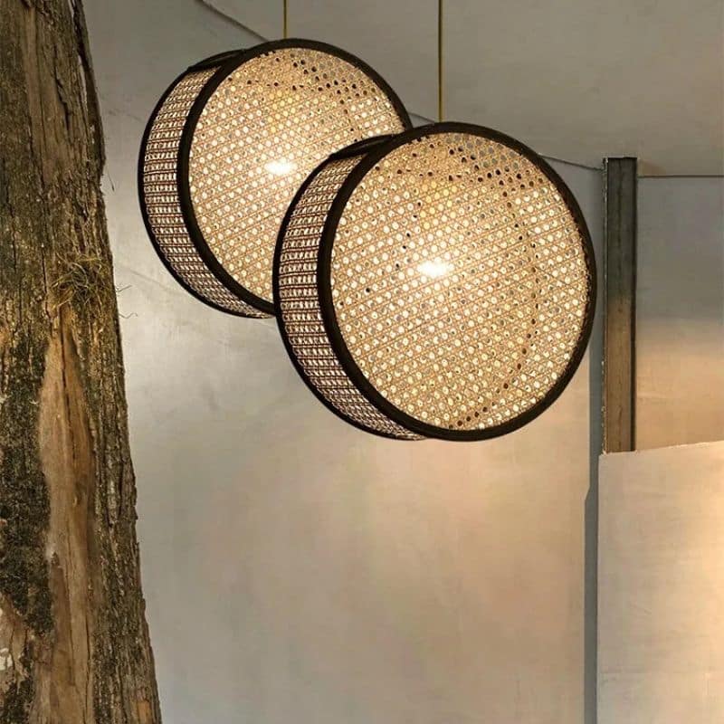 Round cane webbing disc pendant light with black frame