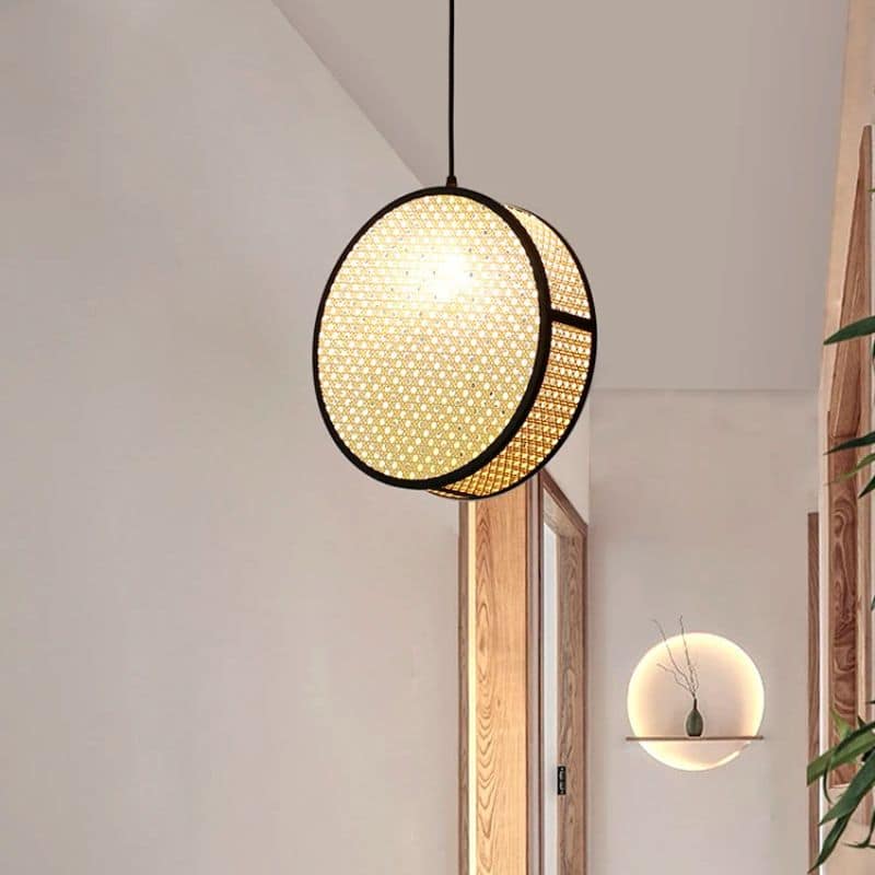 Round cane webbing disc pendant light with black frame