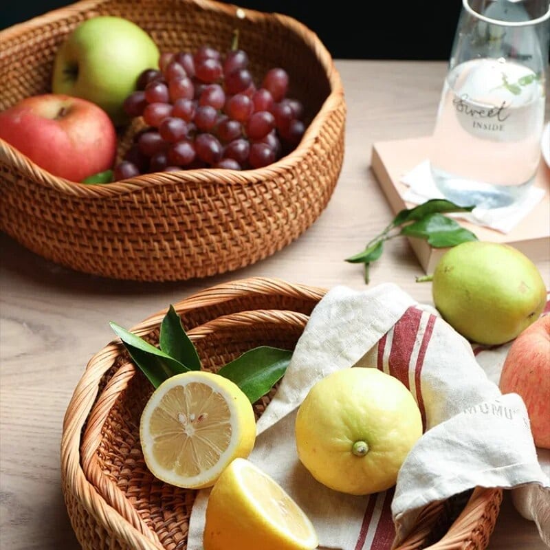 Round handwoven bamboo storage tray with a deep rim