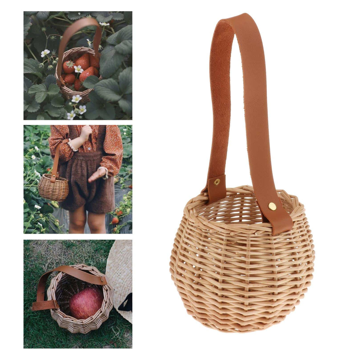Round woven rattan planter basket with a brown leather look strap