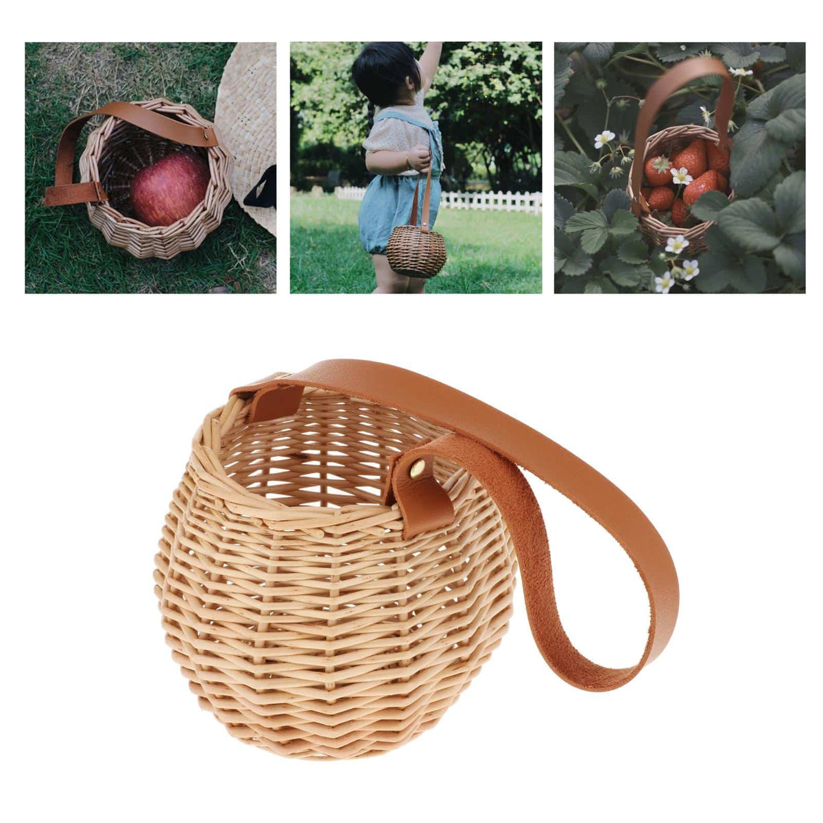 Round woven rattan planter basket with a brown leather look strap