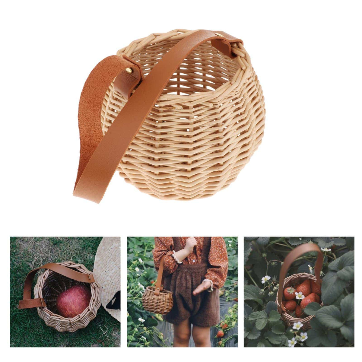 Round woven rattan planter basket with a brown leather look strap