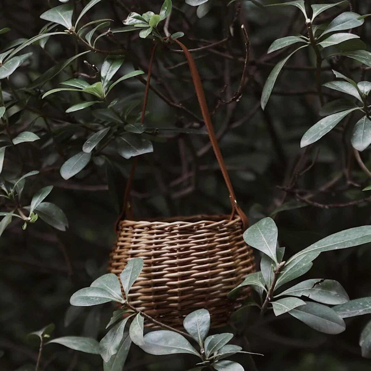 Round woven rattan planter basket with a brown leather look strap