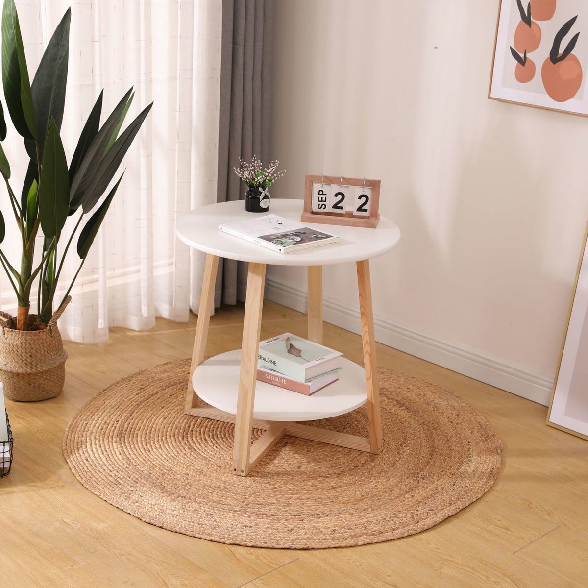 Two round honey braided rugs on a light floor