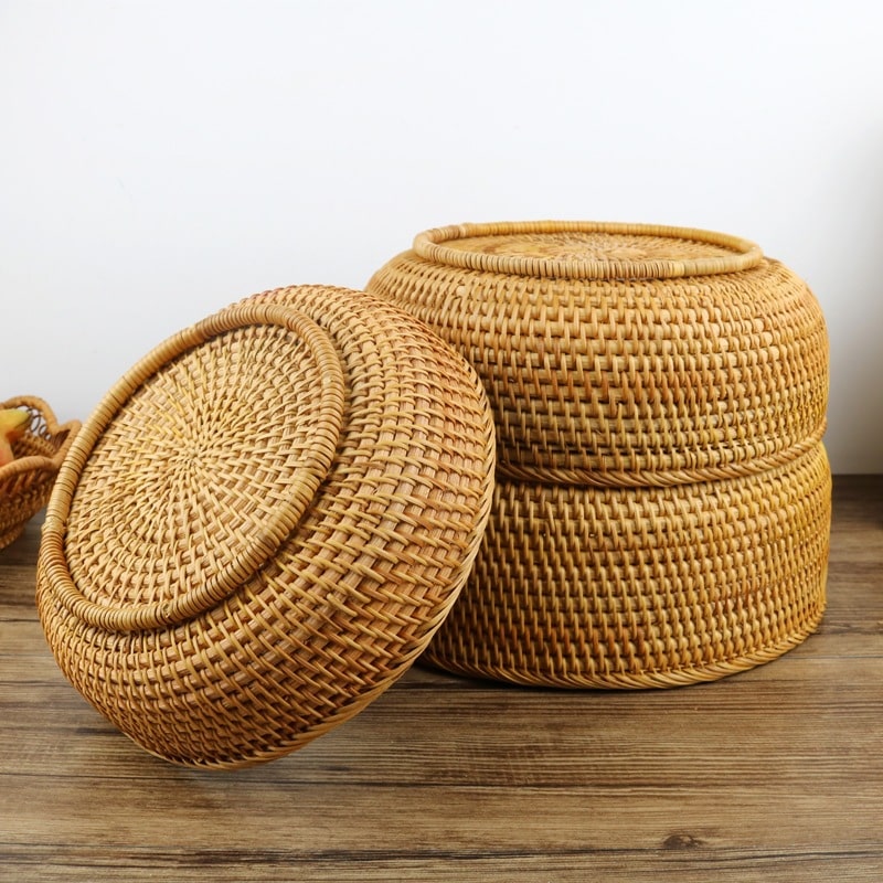Nesting handwoven honey rattan round bowls