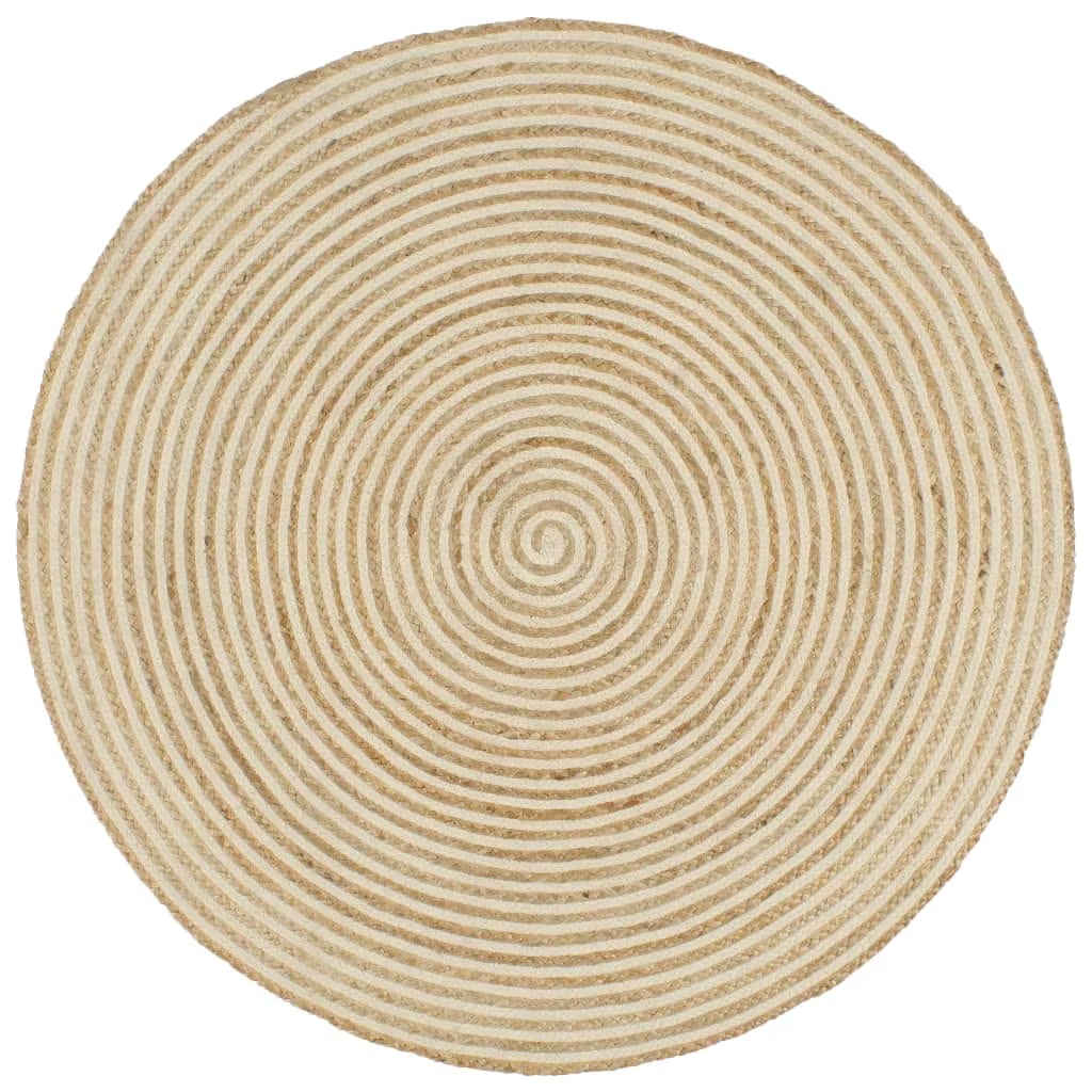 Round spiral rug braided in jute and white cotton