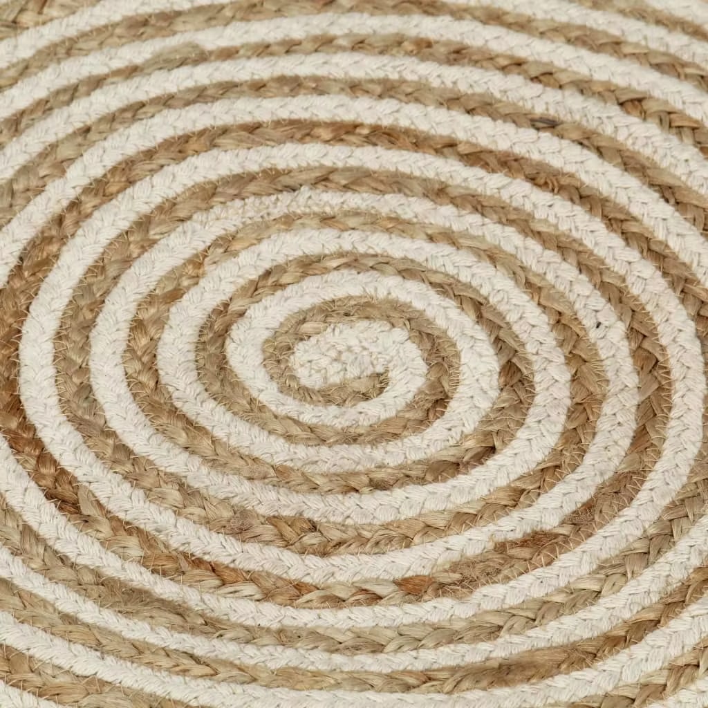 Round spiral rug braided in jute and white cotton