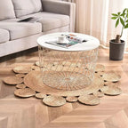 Round jute rug edged with braided bubbles