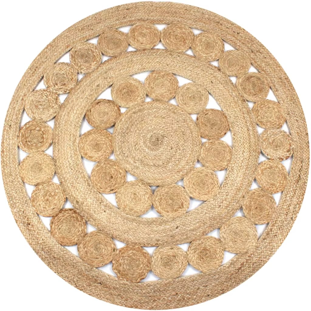 Round jute rug with a ring of braided medallions