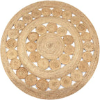 Round jute rug with a ring of braided medallions