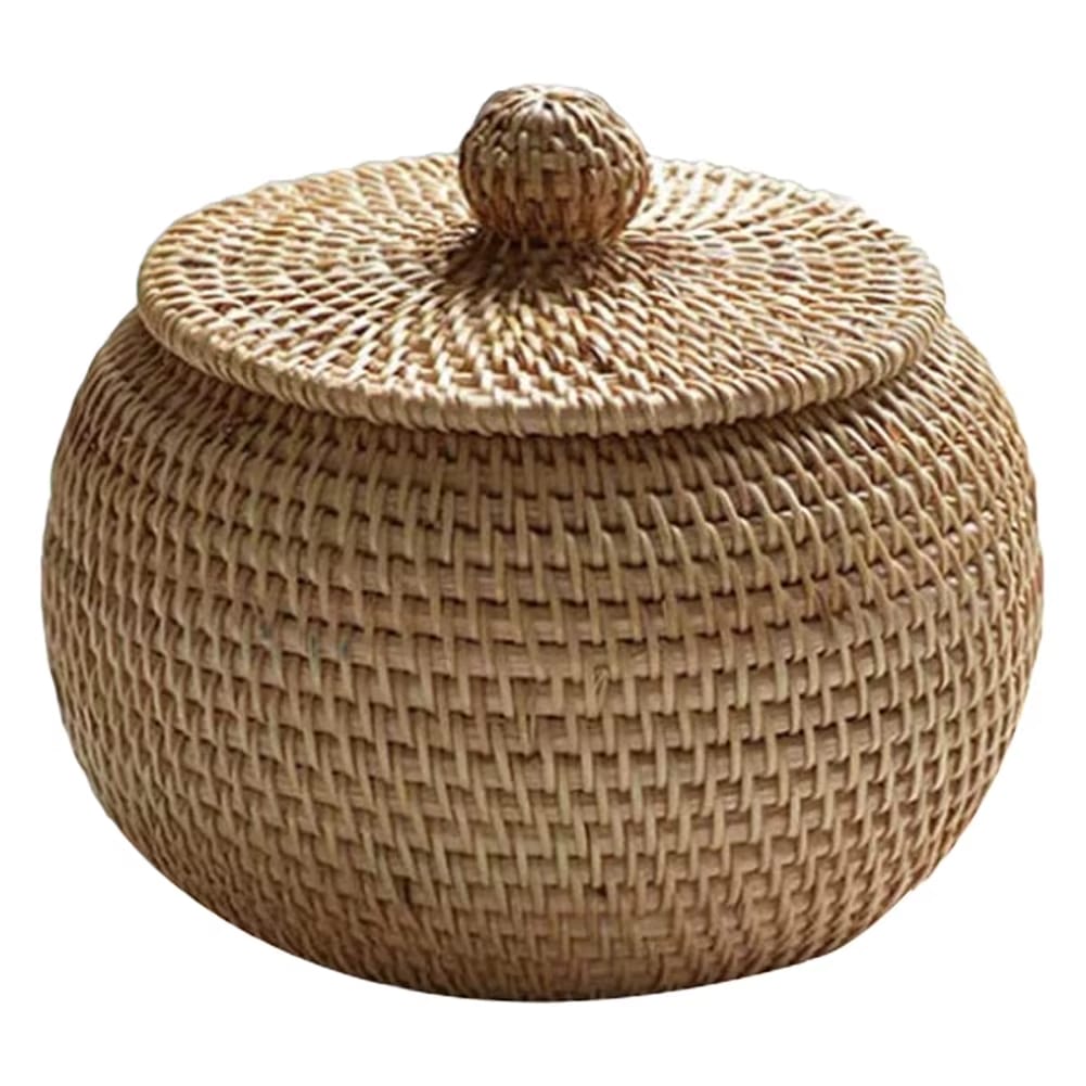 Round rattan storage basket with knob lid