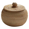 Round rattan storage basket with knob lid