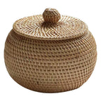 Round rattan storage basket with knob lid
