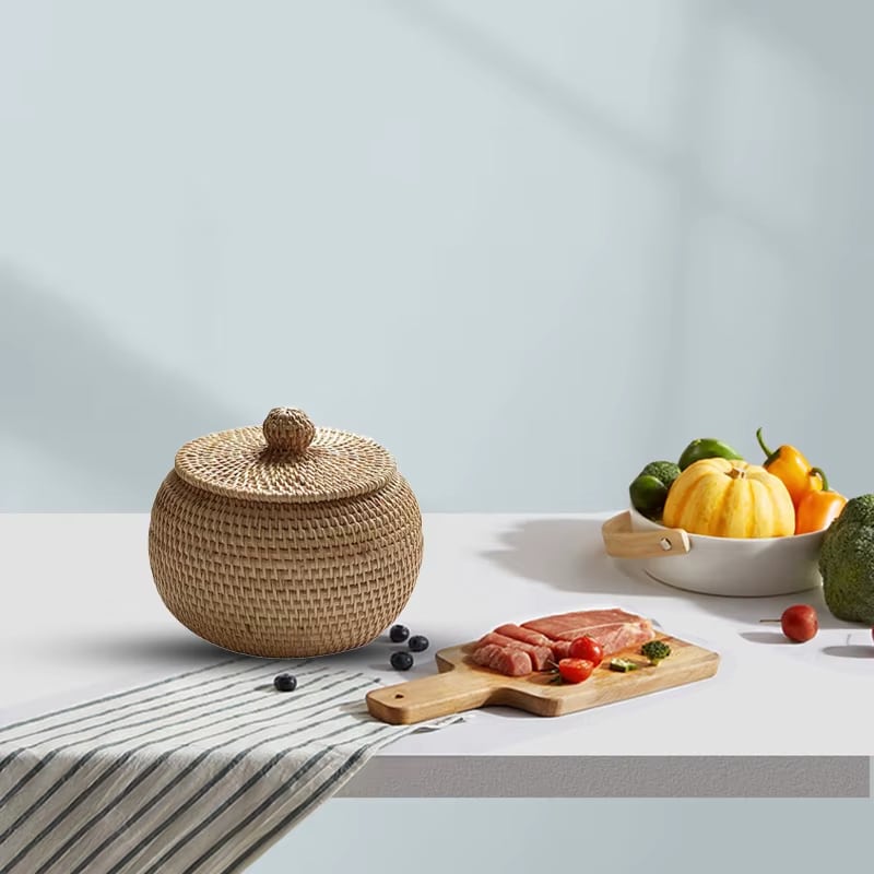 Round rattan storage basket with knob lid