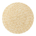 Round sand toned woven linen placemat with a straw look and non slip back