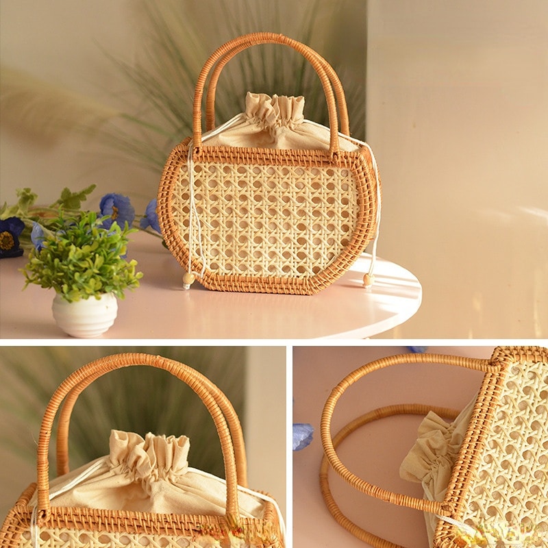 Half round rattan basket bag with cane panel and white liner
