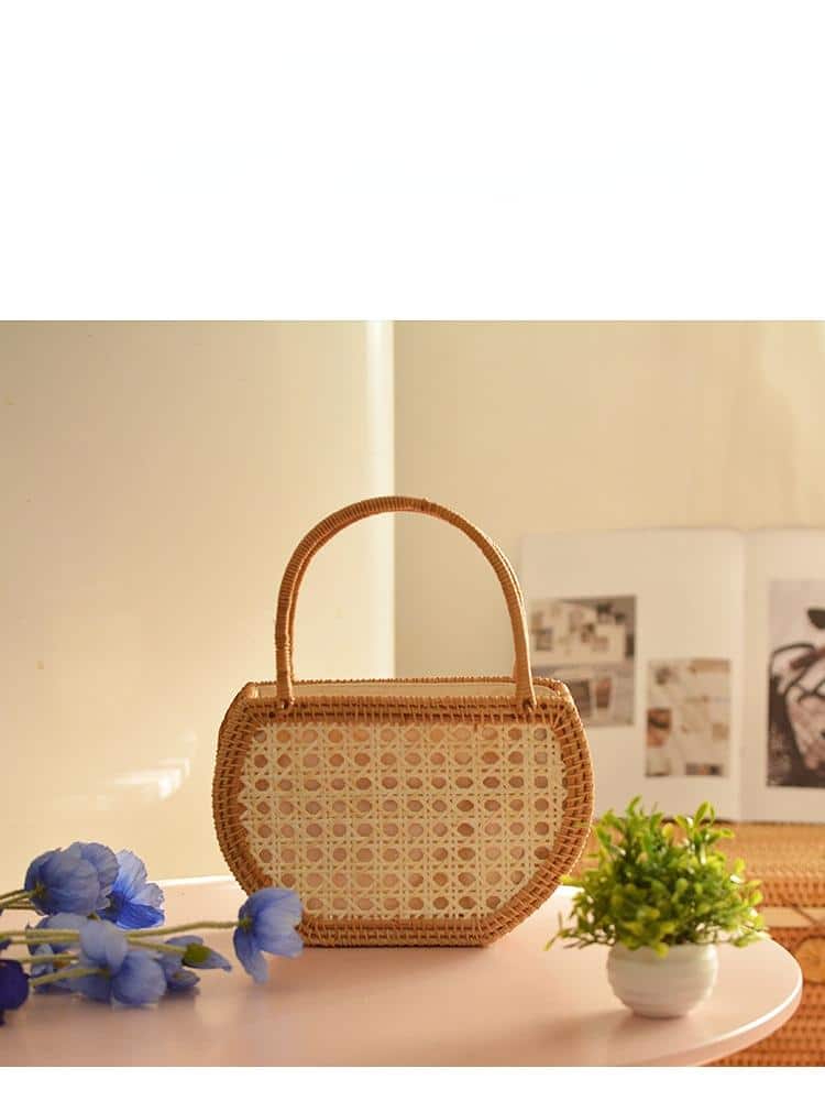 Half round rattan basket bag with cane panel and white liner