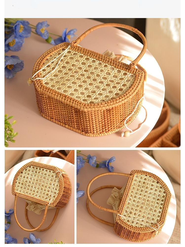 Half round rattan basket bag with cane panel and white liner