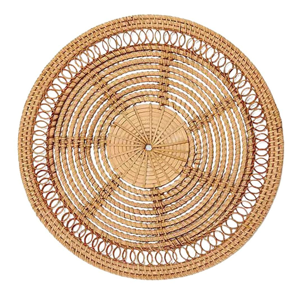 Round handwoven rattan decorative tray in natural beige